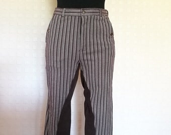 90's Vintage Brown Beige Stripped High Waist Pants Skinny Stretch Trousers Stirrup Spandex Faux Suede Fashion for Horse Riding Sport Size S
