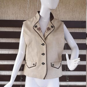 Women's Beige Imitation Leather Vest Waistcoat Embroidered Loden Dirndl Traditional Folk Austrian Bavarian Tyrolean Oktoberfest Size M