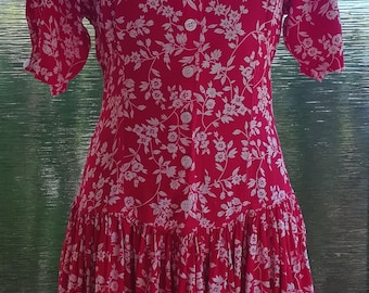 Women's Dress Red White Flower Gorgeous Summer 1980's Vintage Romantic Boho Bohemian Festival Everyday Short Balloon Sleeves Size Small