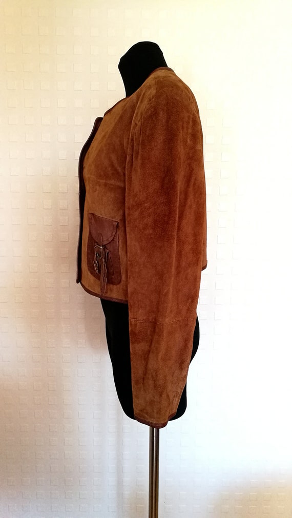 80's Women's Brown Suede Leather Cropped Jacket V… - image 3