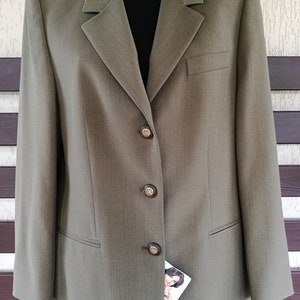 1990&#39;s NEW with Tag Women&#39;s Khaki Green Jacket Vintage Blazer Office Secretary Teacher Cardigan Casual Style V Neck Long Sleeves Size M/L