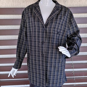 1990&#39;s Women&#39;s Wool Brown Checkered Jacket Vintage Blazer Office Secretary Teacher Cardigan Casual Style V Neck Long Sleeves Size L/XL