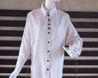 Women's Beige Viscose Linen Loden Dirndl Traditional Folk Austrian Bavarian Tyrolean Oktoberfest Shirt Sound of Music Button up Size XL