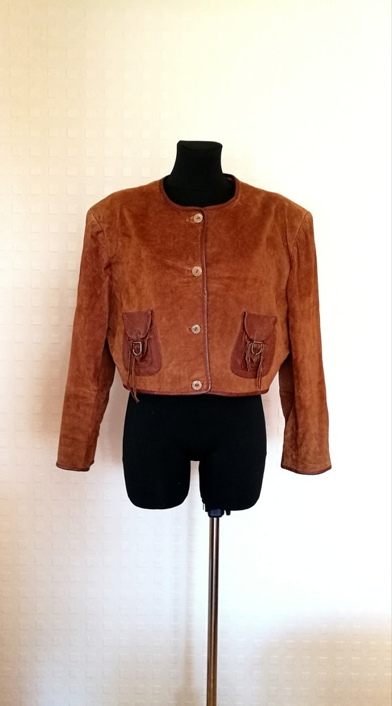 80's Women's Brown Suede Leather Cropped Jacket V… - image 8
