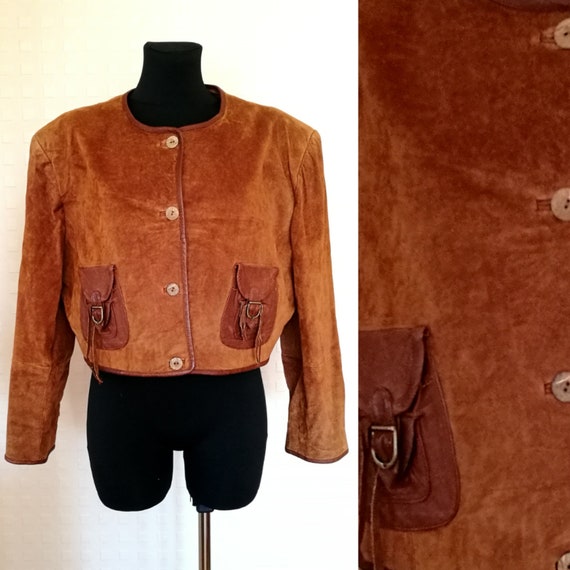 80's Women's Brown Suede Leather Cropped Jacket V… - image 1