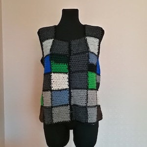 Vintage 1970&#39;s Crocheted Vest Straight Warm Waistcoat Colorful Pieces Sleeveless Adorable Cardigan Everyday Hippie Bohemian Hand Made M/L