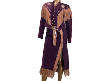 Vintage Frontier Kollektion Wildleder Fransen Perlen Jacke / Rock Set L-5/6