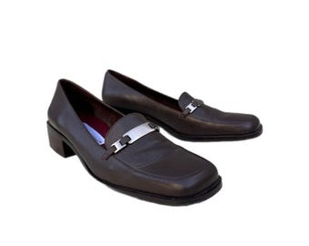 Vintage Etienne Aigner Brown Leather Loafers Size 7.5 Silver Hardware Block Heel