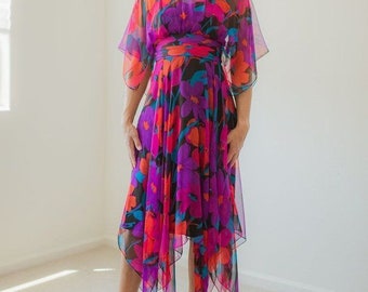 Vintage Jo-Ed Sophisticates Bright Floral Print Sheer Dress VTG 6