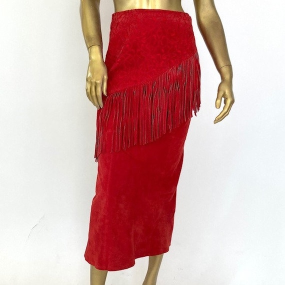 LEW MAGRAM COLLECTION suede midi skirt with fringe