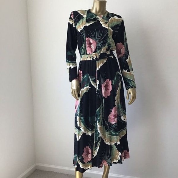 Vintage Carol Anderson Rayon Long Sleeve Fit And Flare Floral Print Midi Dress 4