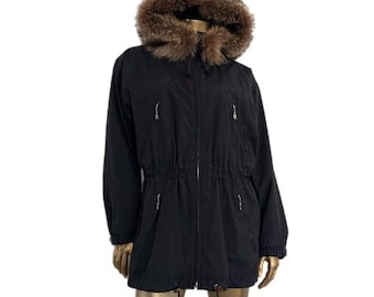 Parka vintage negra de Bogner para invierno y esquí con capucha con ribete de piel de mapache auténtica
