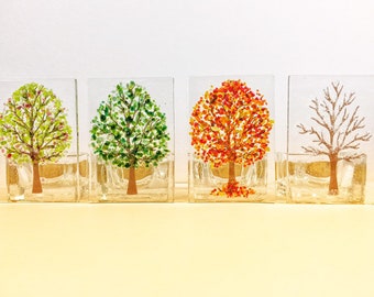 Four Seasons- Set of 4 handmade fused glass Tealight holders