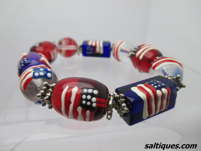 glass jewelry on sale hand painted 4th of July Glass Bead Bracelet gift for 4th of July Independence Day Red white blue bracelet
