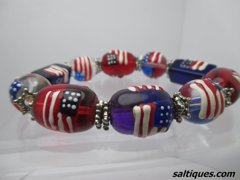 glass jewelry on sale hand painted 4th of July Glass Bead Bracelet gift for 4th of July Independence Day Red white blue bracelet