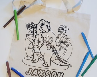 DINOSAUR TOTE, Color Me Tote, Tote, color bag, personalized, reusable, color, your name, decorate it, great gift, gift bag, personalized art