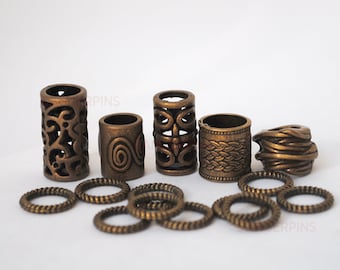 15 Mixed Bronze viking / celtic hair beard braid beads - tubes & rings  - dreadlock cuffs