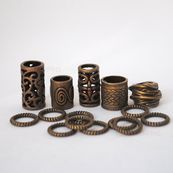 15 Mixed Bronze viking / celtic hair beard braid beads - tubes & rings  - dreadlock cuffs