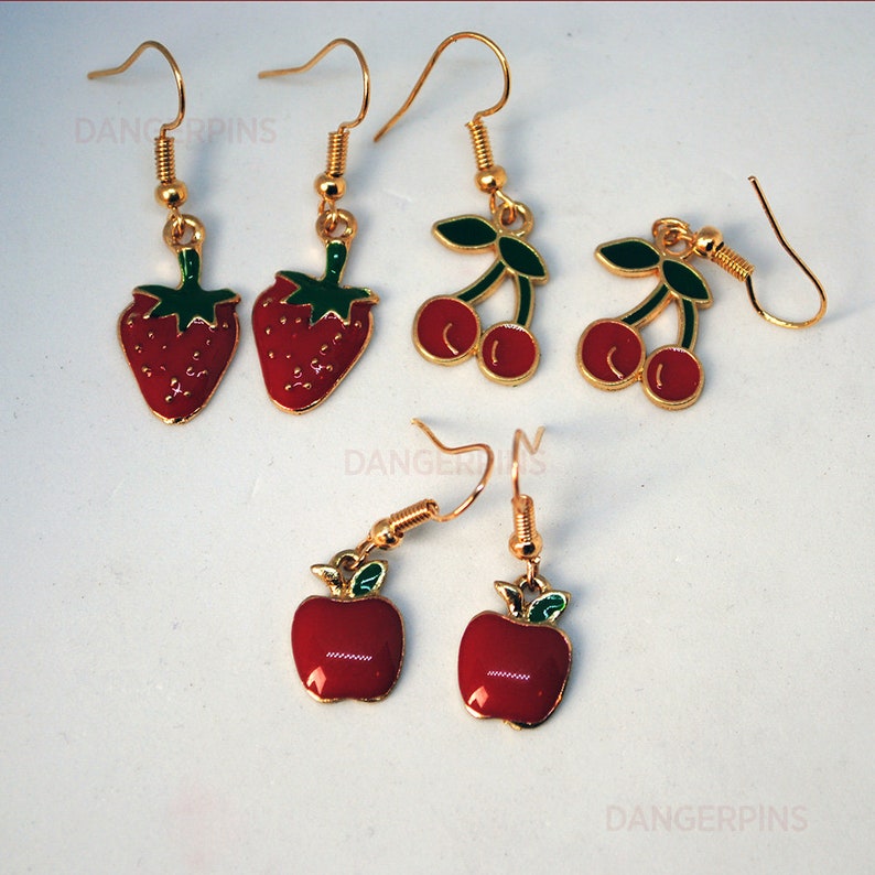 3 pairs of Red fruit enamel earrings - Apple strawberry cherry :