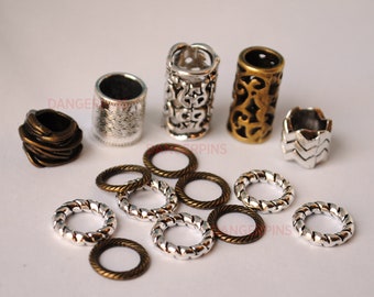 15 Mixed Bronze and Silver viking / celtic hair beard braid beads - tubes & rings  - dreadlock cuffs