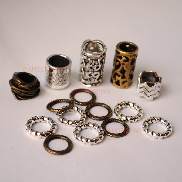 15 Mixed Bronze and Silver viking / celtic hair beard braid beads - tubes & rings  - dreadlock cuffs