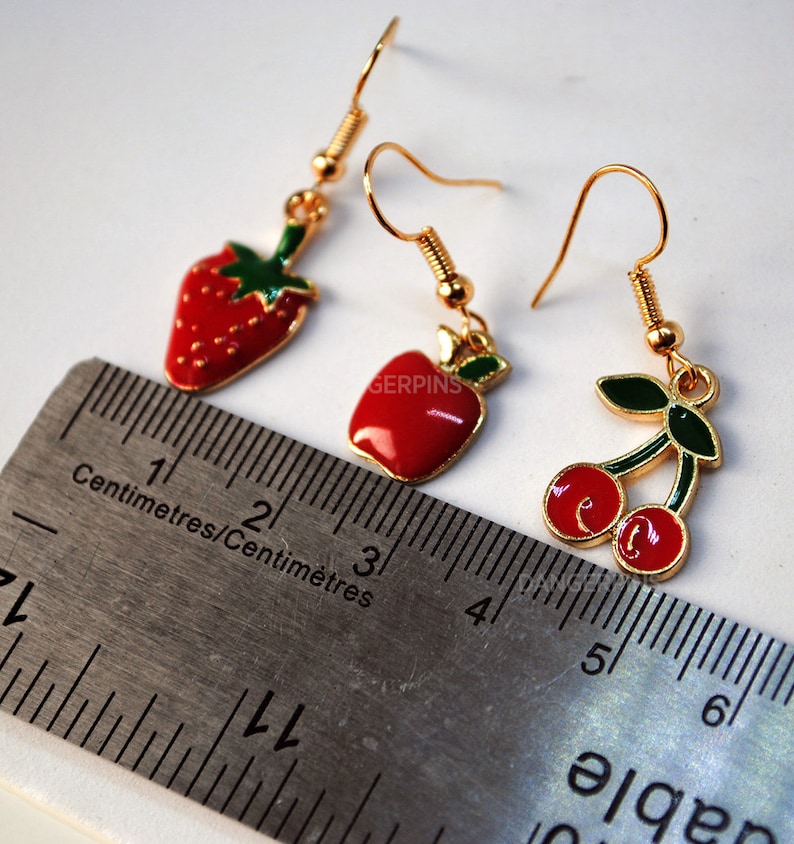 3 pairs of Red fruit enamel earrings - Apple strawberry cherry :