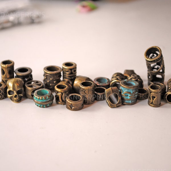 25 Bronze Small Mixed viking / celtic hair / beard / braid beads - alloy cuffs norse charms dreadlocks