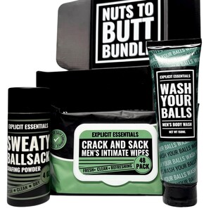 May include: A black gift set with the text "Nuts to Butt Bundle." Contains "Sweaty Ballsack" chafing powder, "Crack and Sack" intimate wipes, and "Wash Your Balls" body wash.