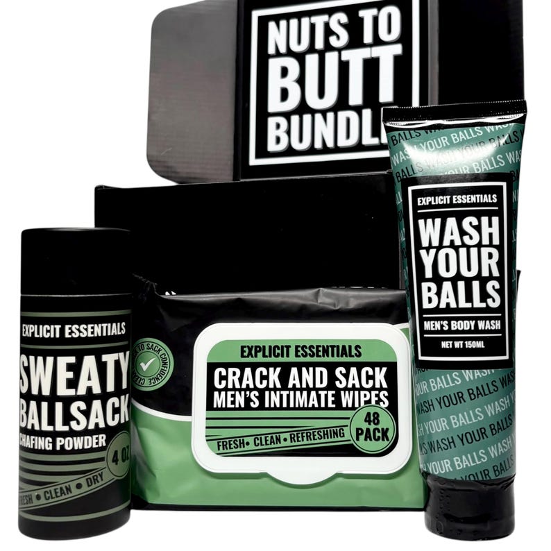 May include: A black gift set with the text "Nuts to Butt Bundle." Contains "Sweaty Ballsack" chafing powder, "Crack and Sack" intimate wipes, and "Wash Your Balls" body wash.
