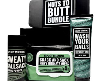 Funny Men's Hygiene Gift Set: Intimate Wipes, Body Wash & Chafing Powder