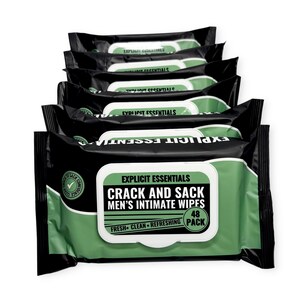 May include: A stack of black and green packages of Explicit Essentials Crack and Sack Men's Intimate Wipes. Each package has a white label with black text and a green border. The packages are labeled as a 48-pack.