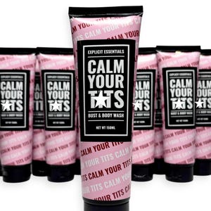 May include: Pink tubes of "Calm Your Tits" bust and body wash. The tubes have black caps and a black label with white text and a star graphic. The net weight is 150ml.