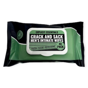 May include: A black and green package of "Crack and Sack" men's intimate wipes. The package has a white and green label with the text "Explicit Essentials" and "Fresh Clean Refreshing". The package contains 48 wipes.