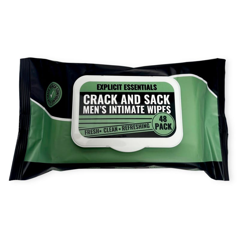 May include: A black and green package of "Crack and Sack" men's intimate wipes. The package has a white and green label with the text "Explicit Essentials" and "Fresh Clean Refreshing". The package contains 48 wipes.