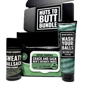 May include: A black gift set labelled "Nuts to Butt Bundle" containing personal hygiene products. The set includes a tube of body wash, a container of chafing powder, and a pack of intimate wipes. The products are labelled "Explicit Essentials".