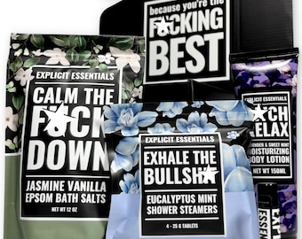 Funny Self-Care Gift Box, Jasmine Vanilla Bath Salts, Eucalyptus Shower Steamers