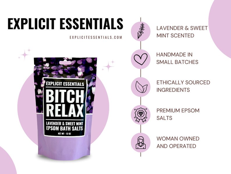 Op de afbeelding: Een zak van 12 oz Explicit Essentials Bitch Relax Epsom-badzout met de geur van lavendel en zoete munt. De verpakking is paars en zwart met witte tekst. Een verticale lijst met iconen benadrukt kenmerken zoals handgemaakt, ethisch verkregen en premium zout.