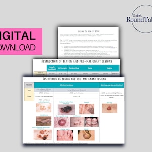 May include: A chart with images and descriptions of different skin lesions, including condyloma, seborrheic keratosis, and skin tags. The chart is titled "Destruction of Benign and Pre-Malignant Lesions".