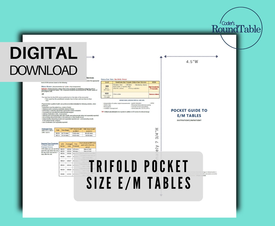 New 2023 E/M Reference Tablespocket Size Printable Trifold Size 4.5x7