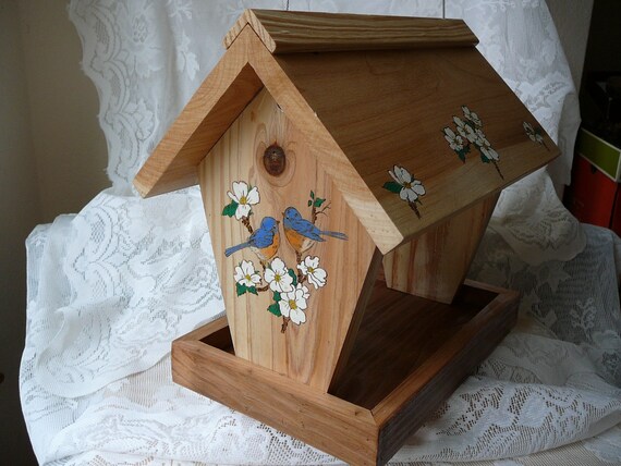 Bird Feeder Wood Burned Hand Painted Weather Proof Blue Etsy