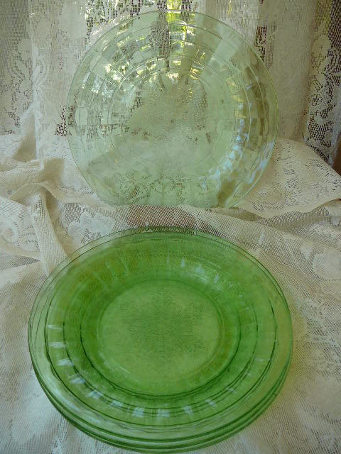 Vintage Depression Green Glass Plate set Snowflake Block Etsy