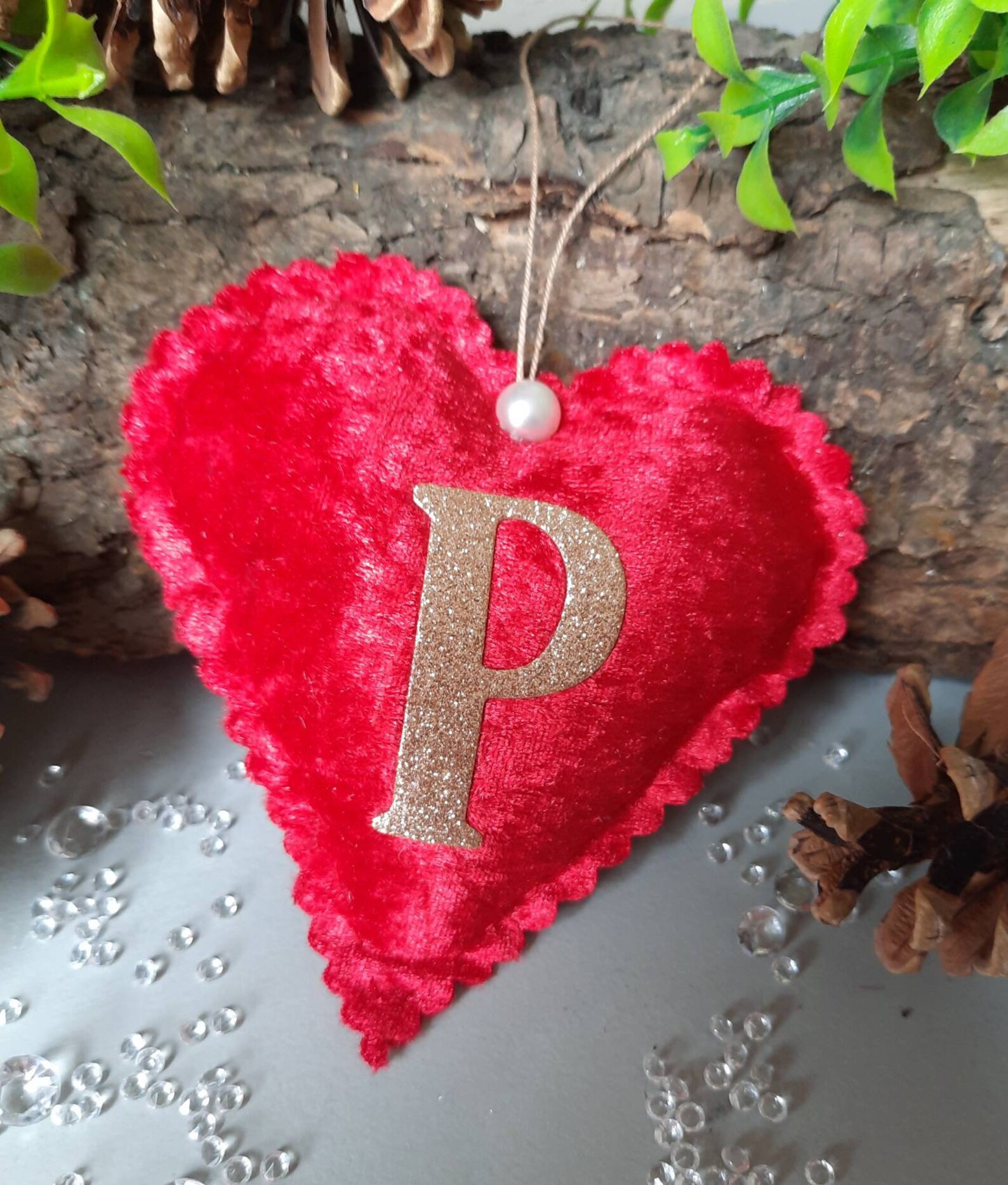 Christmas tree decoration red crushed velvet hanging heart