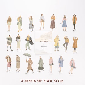 May include: A sheet of stickers featuring illustrations of people wearing winter clothing. The stickers are designed in a minimalist style with muted colors. The text on the sheet reads "In Winter" and "Masking Stickers 60 Sheets".