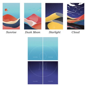 May include: Four different landscape designs with a minimalist style. The designs feature a sunrise, a dusk moon, starlight, and clouds. Each design has a unique color palette and features a mountain range in the background.