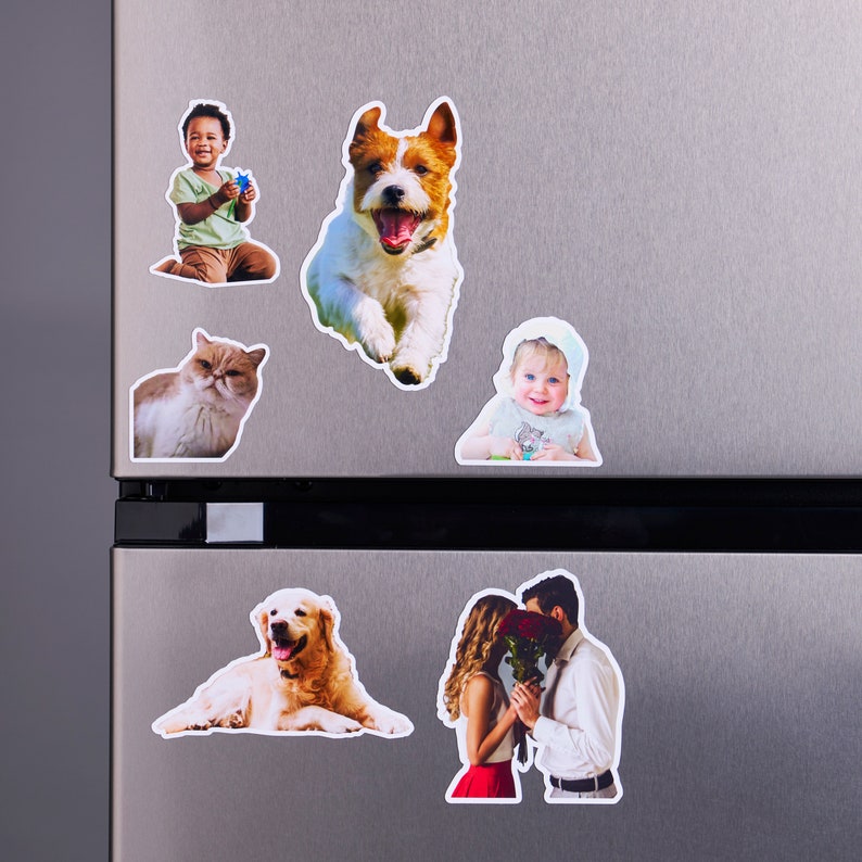 May include: A collection of five refrigerator magnets featuring photos of a child, a dog, a cat, a couple, and a child. The magnets are on a silver refrigerator.