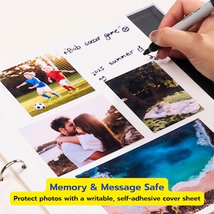 May include: A white photo album page with a self-adhesive cover sheet, featuring four photographs of people and landscapes. A black marker writes the text "Bob soccer game" and "2025 summer" on the clear film. The page includes a yellow label.