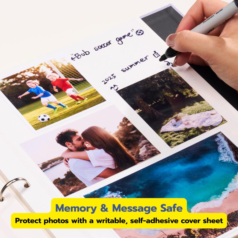 May include: A white photo album page with a self-adhesive cover sheet, featuring four photographs of people and landscapes. A black marker writes the text "Bob soccer game" and "2025 summer" on the clear film. The page includes a yellow label.