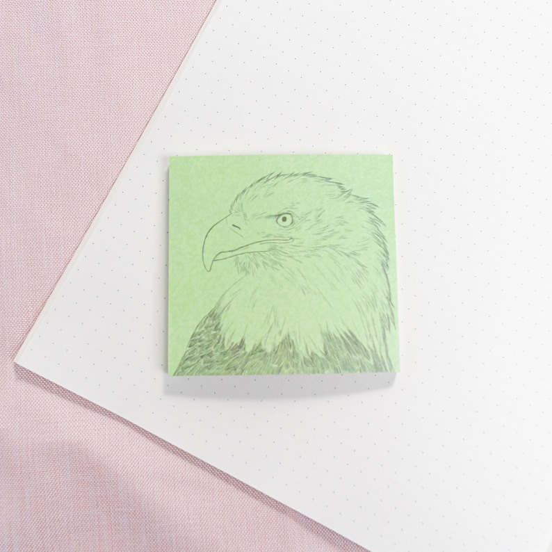 May include: A green sticky note with a pencil drawing of a bald eagle's head. The eagle is facing left and has a sharp beak and dark eyes.