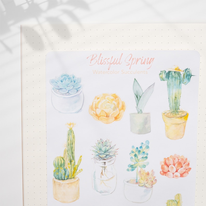 May include: A sheet of watercolor succulent stickers with the title "Blissful Spring Watercolor Succulents". The stickers feature various succulents in pots, including a cactus, a yellow flower, and a green plant with a purple leaf.