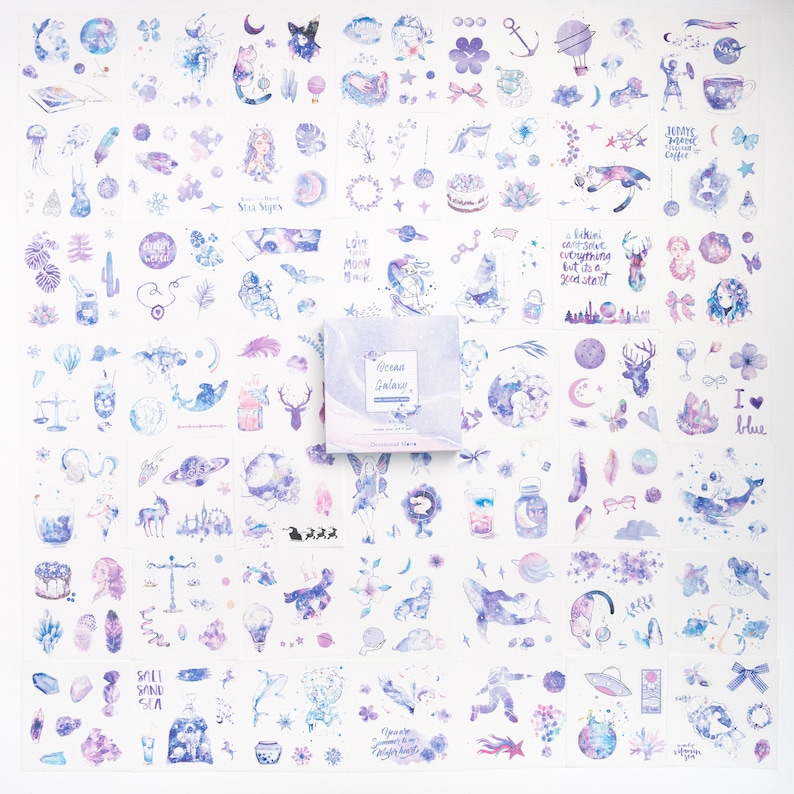 May include: A sheet of stickers featuring a variety of whimsical designs in shades of purple and blue. The stickers include celestial bodies, stars, moons, planets, and other space-themed imagery. The stickers also feature animals, plants, and other nature-inspired designs. The stickers are perfect for adding a touch of whimsy and magic to your journals, planners, and other creative projects.